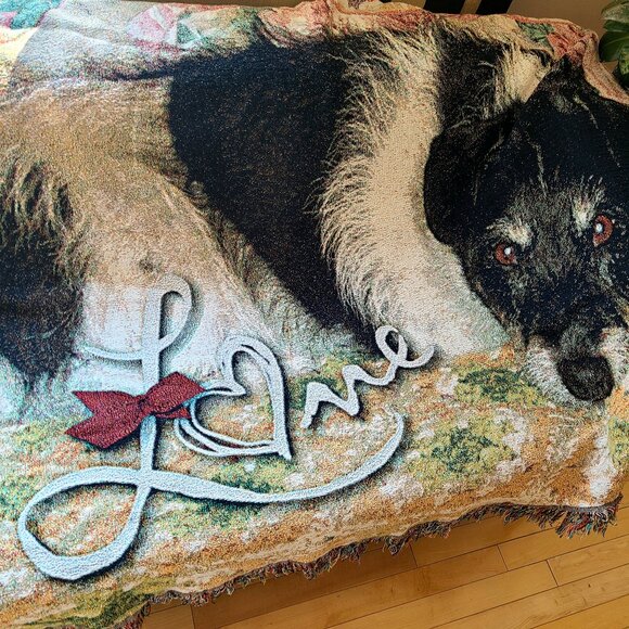 Woven blanket throw Afghan with dog. ''Love'' - Picture 2 of 9